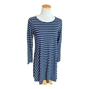 Womens Stylus Navy Blue Long Sleeve Striped Swing Dress - Sz M